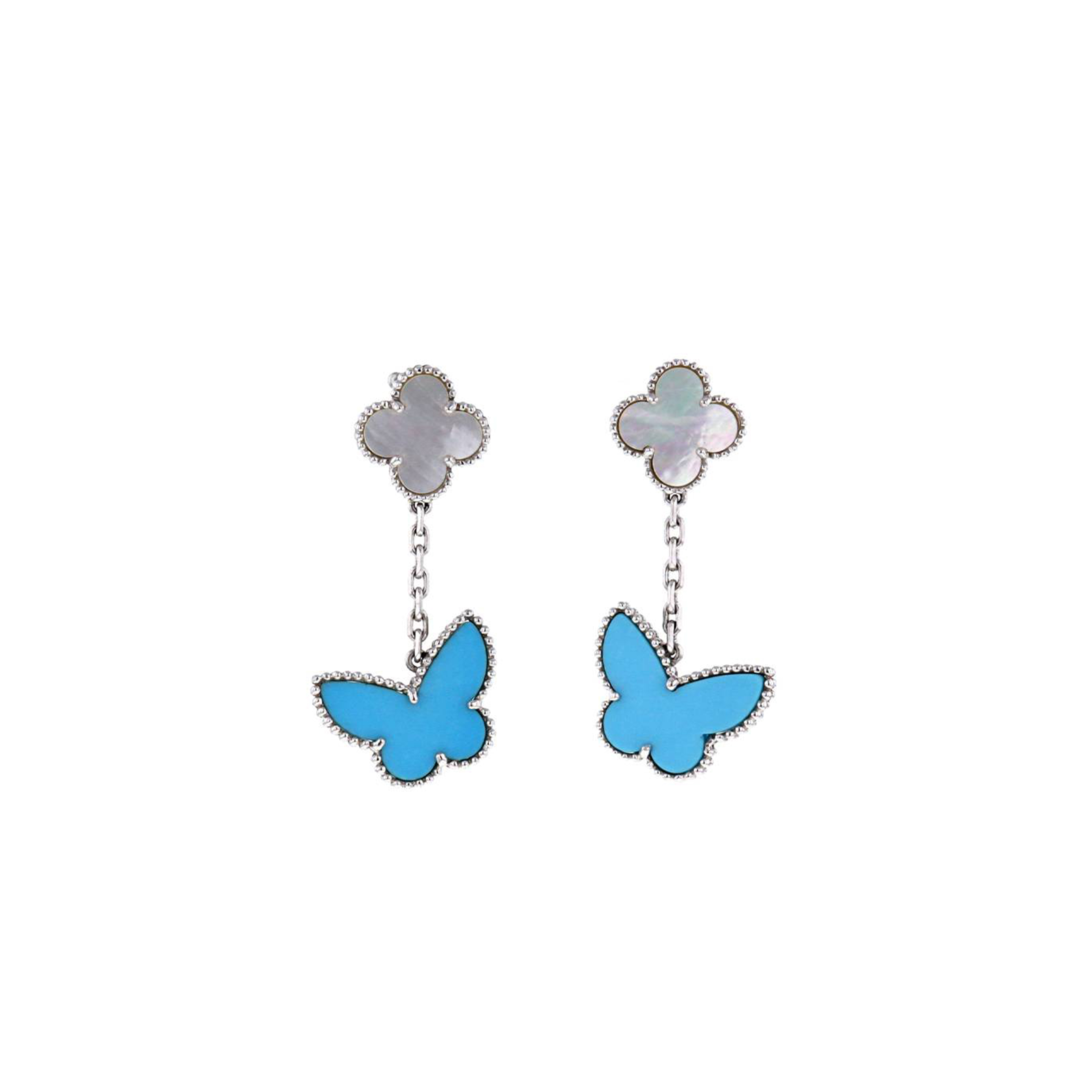 V*n Cl**f arpels lucky alhambra pendants earrings in white gold, mother of pearl and turquoise